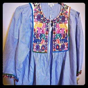 Antilia Femme Blue & White Stripe Patchwork Open Front Tie Blouse Top XL